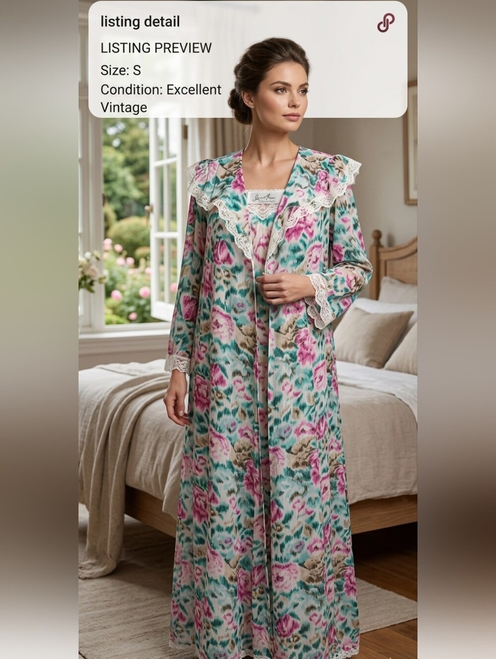 Vintage Lucie Ann Nightgown & Robe Set Floral Lace Maxi Small